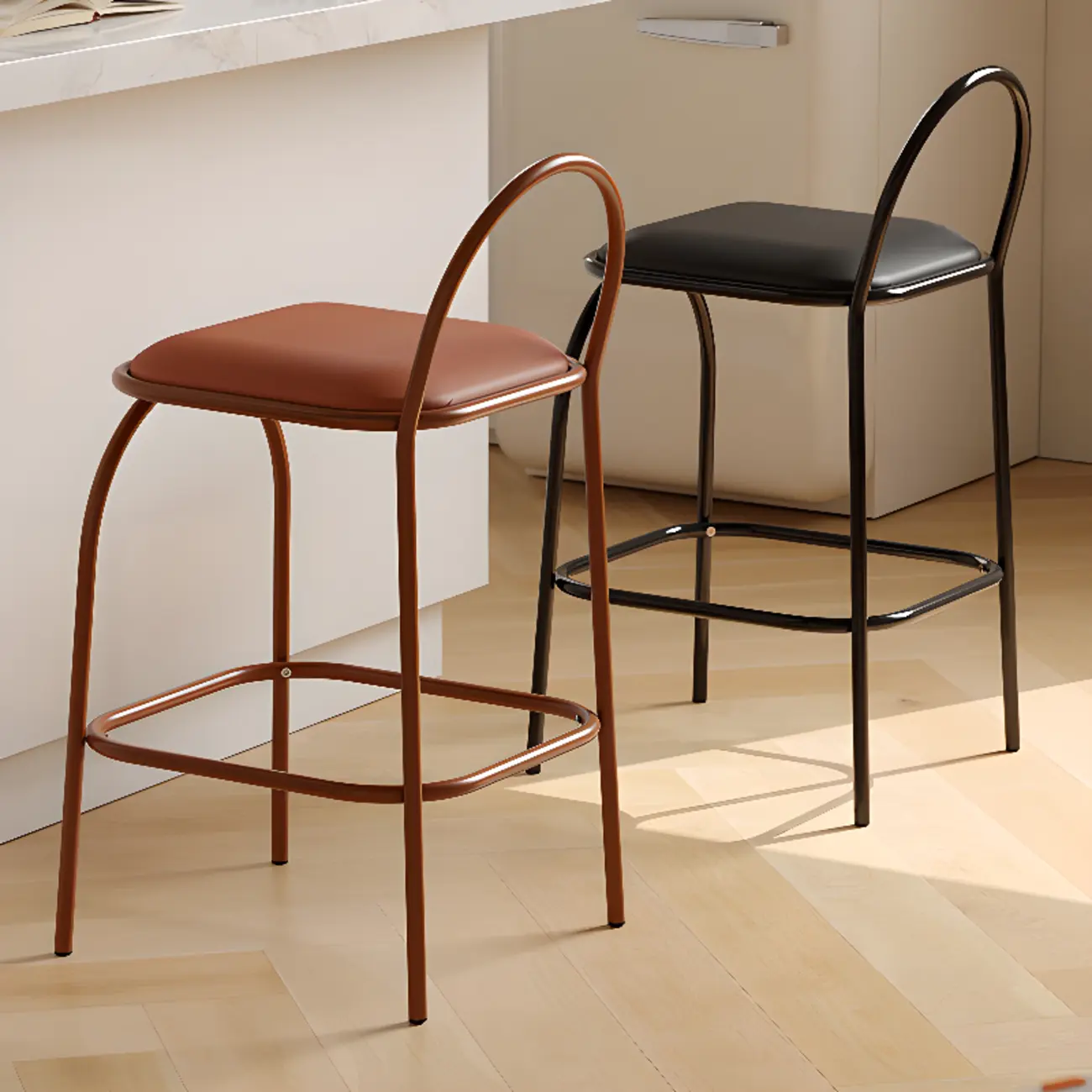 Modern Leather Bar Stools with Open Curved Back for Kitchen Image - 1 | homeyfad