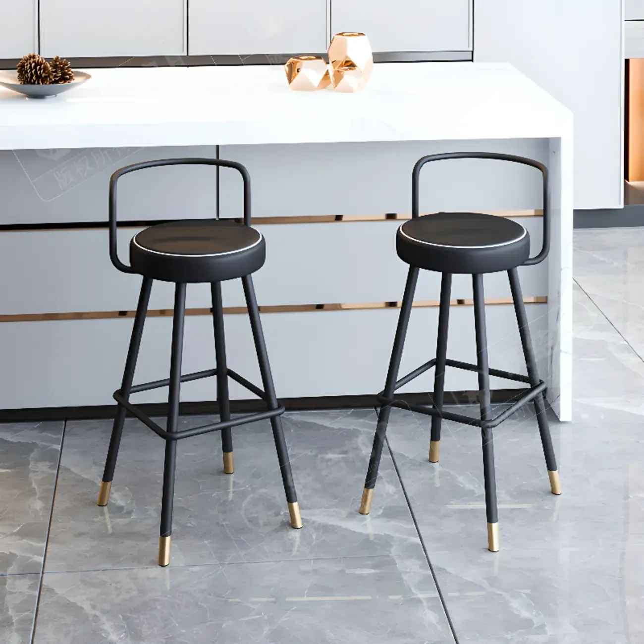 Minimalist Black Metal Upholstered Leather Bar Stool Image - 3