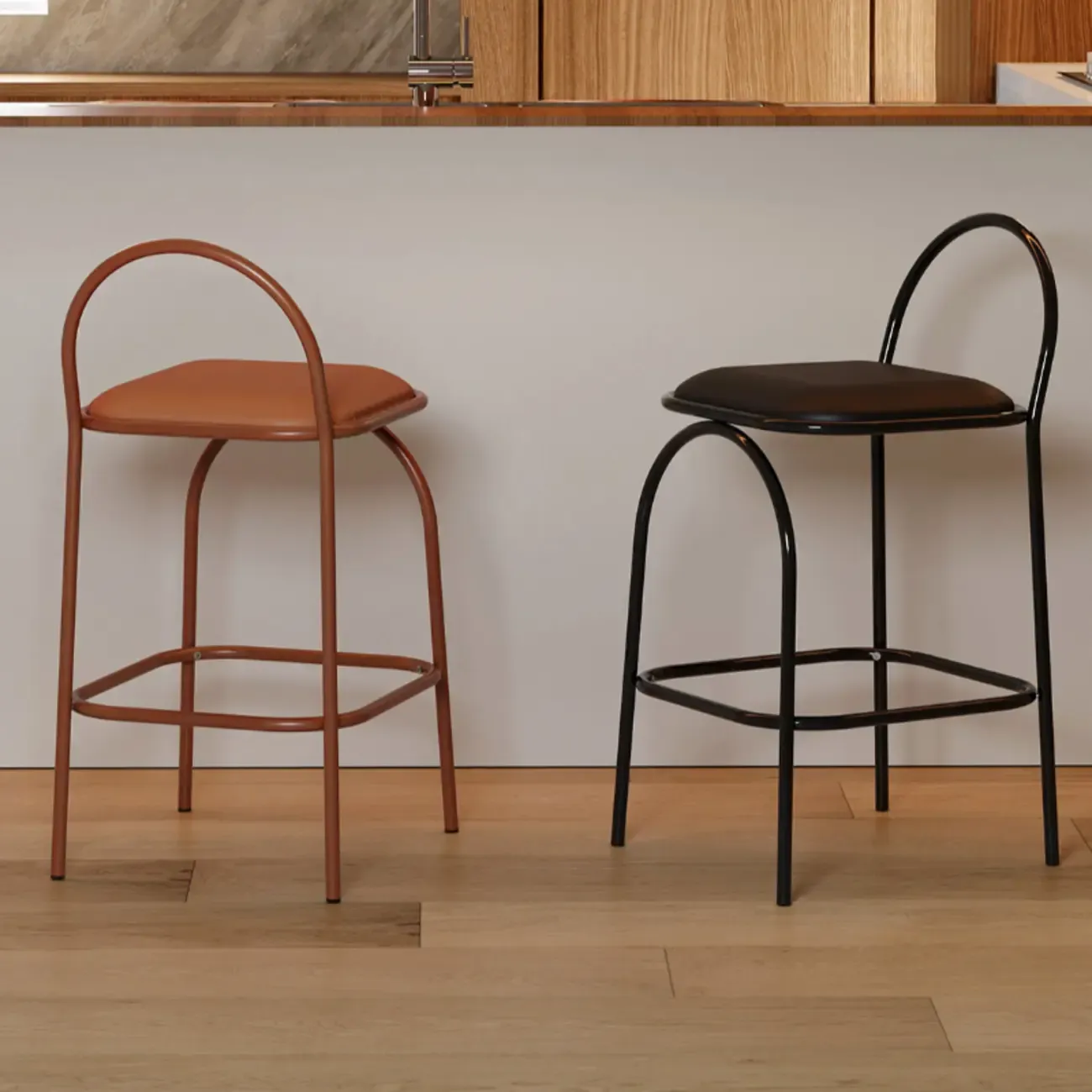 Modern Leather Bar Stools with Open Curved Back for Kitchen Image - 11