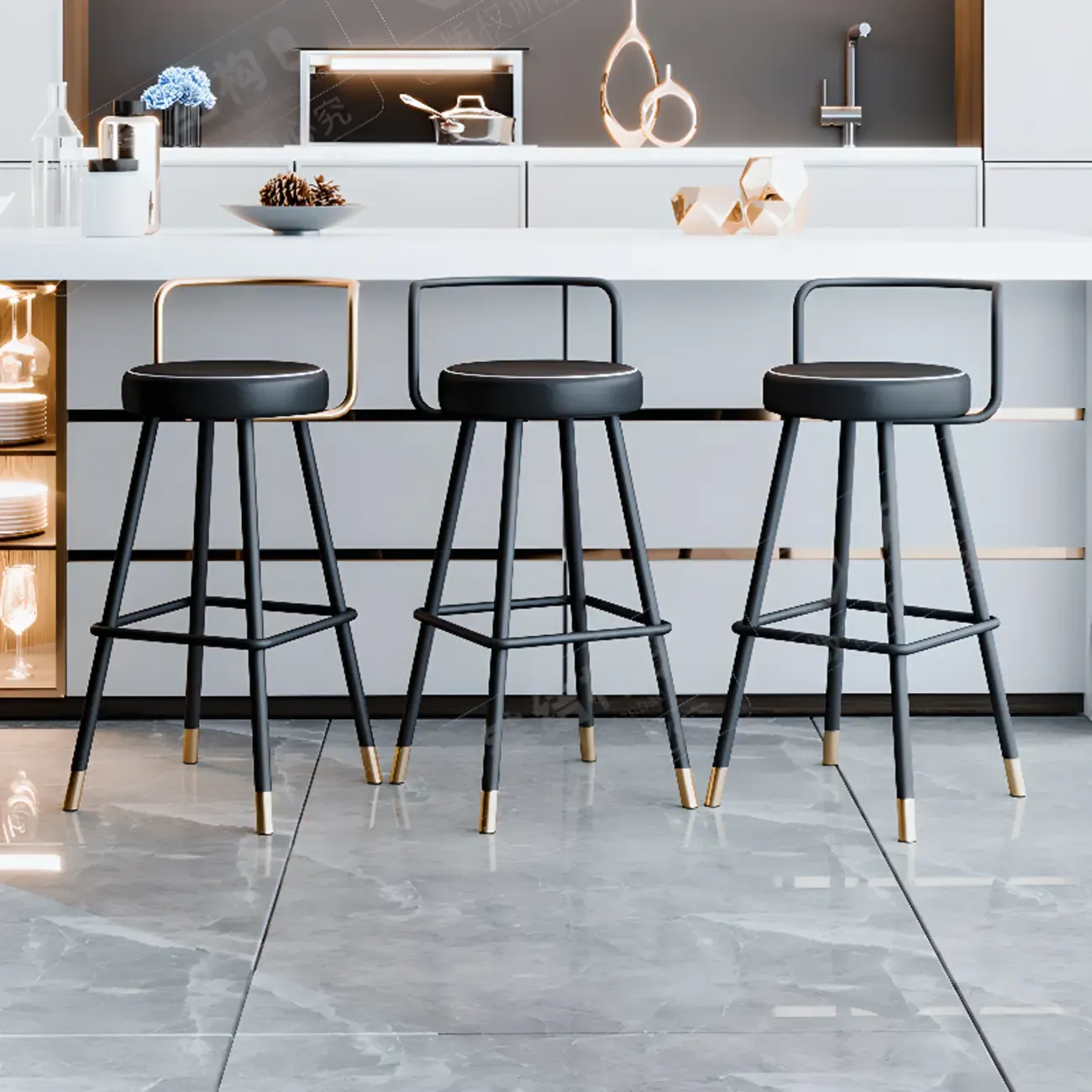 Minimalist Black Metal Upholstered Leather Bar Stool Image - 1