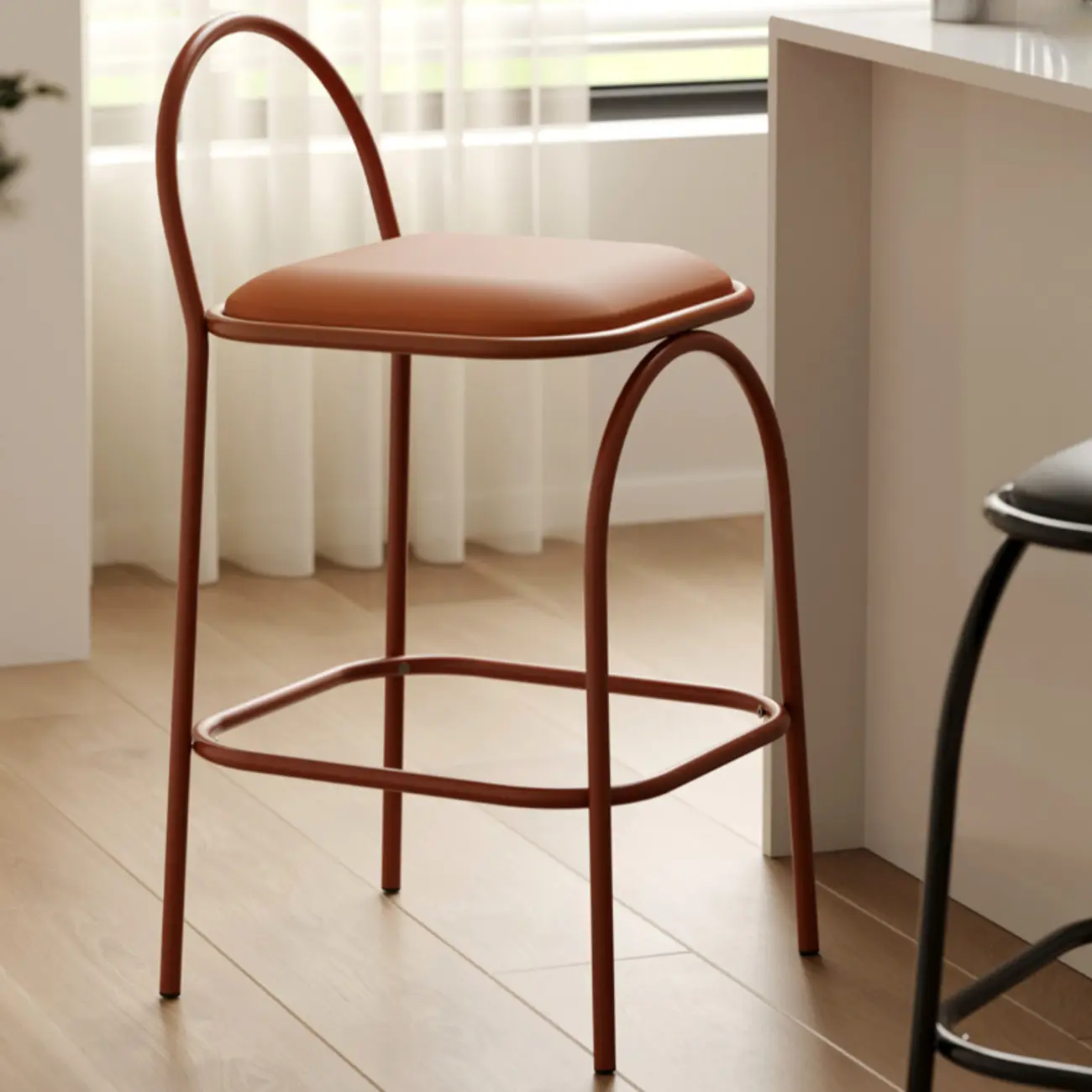 Modern Leather Bar Stools with Open Curved Back for Kitchen Image - 13 | homeyfad