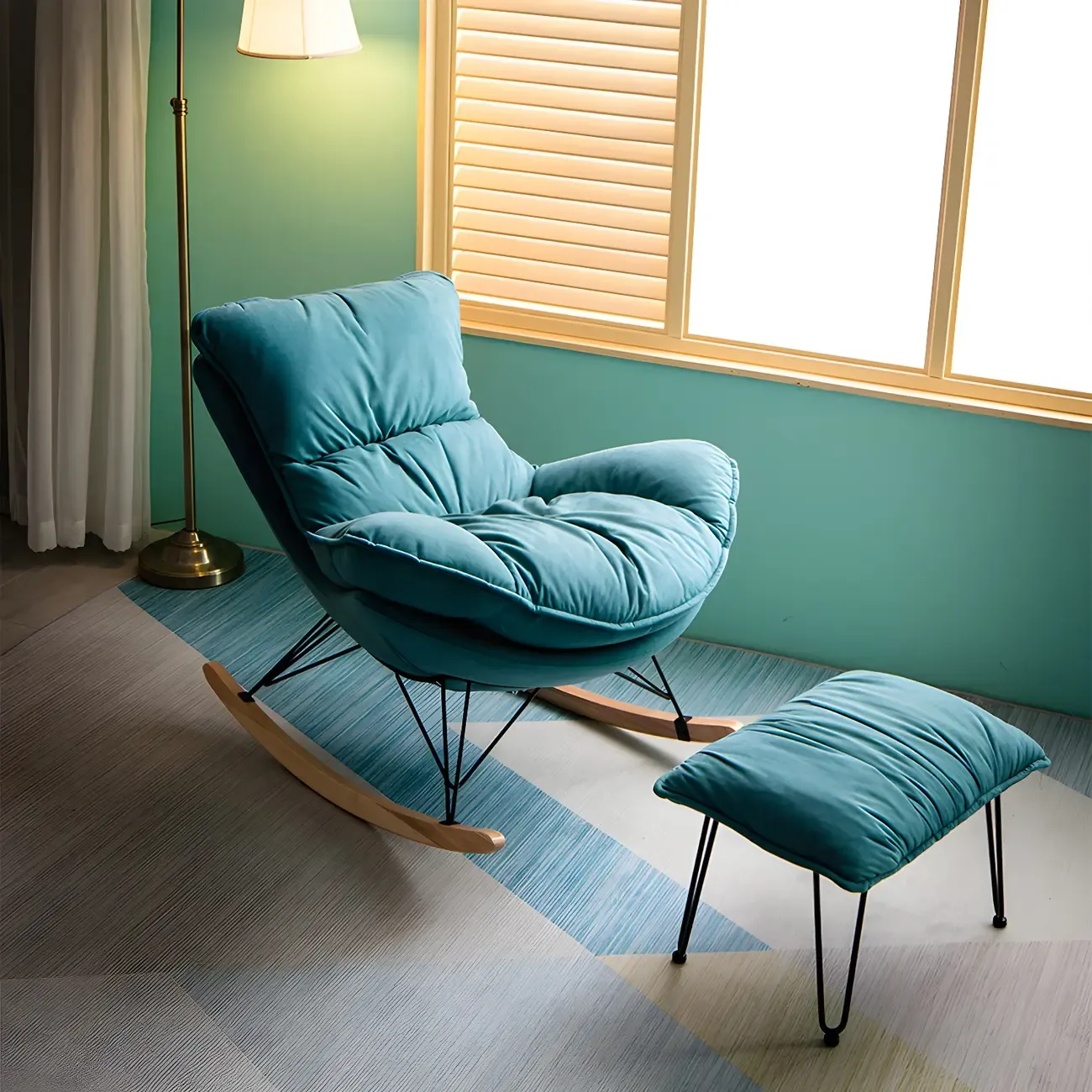 Velvet Upholstered Nursery Rocking Chair with Ottoman for Leisure Image - 1