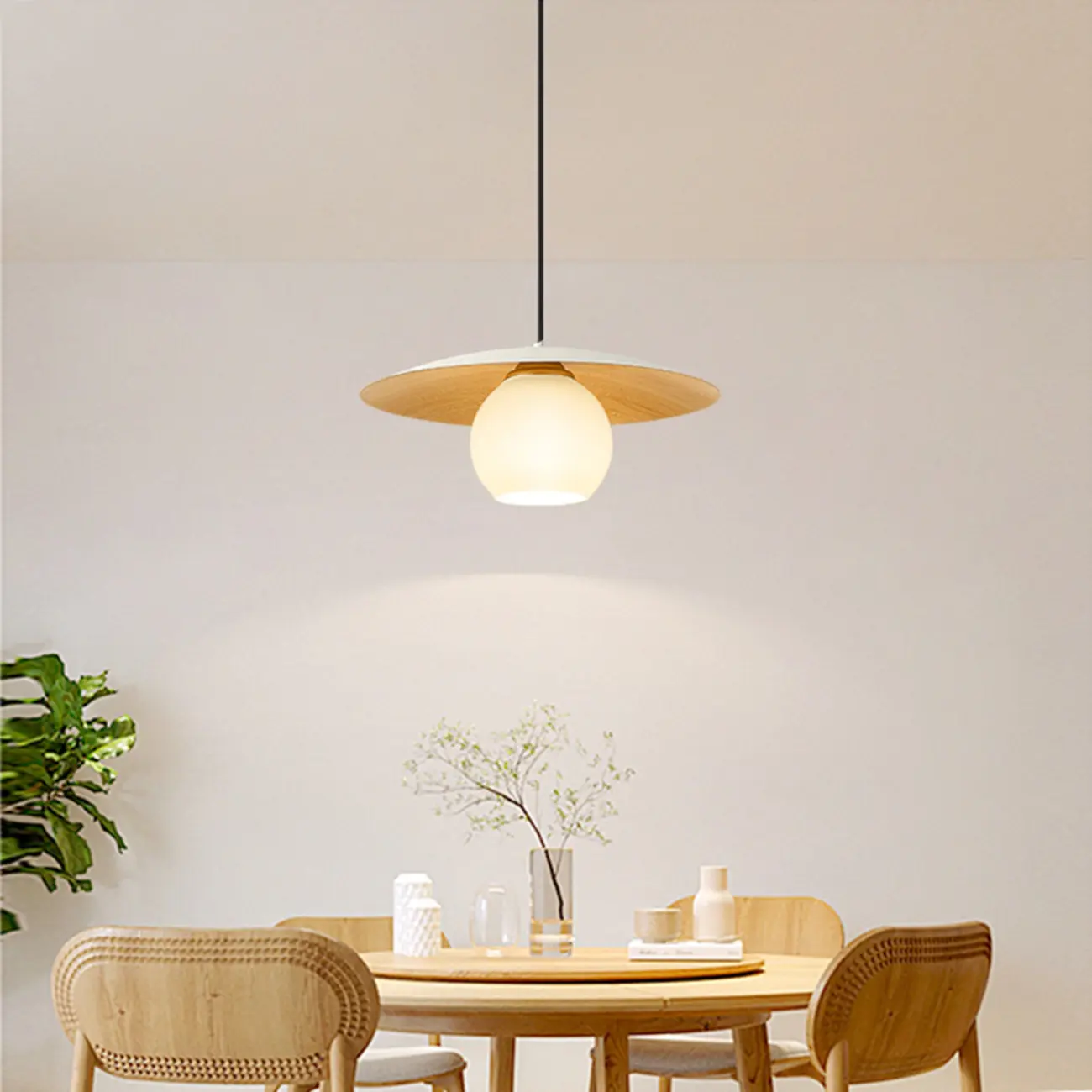 Minimalist White Glass Pendant Light with Metal Disc for Living Room Image - 2 | homeyfad