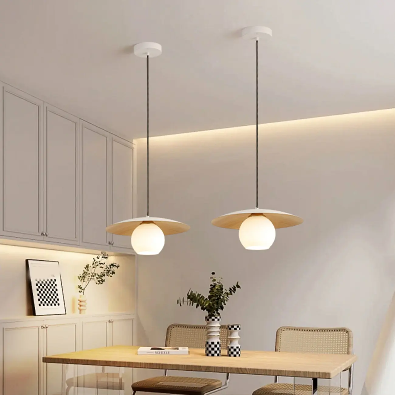 Minimalist White Glass Pendant Light with Metal Disc for Living Room Image - 3 | homeyfad