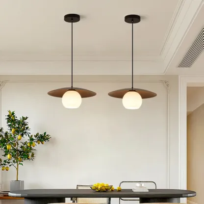 Minimalist White Glass Pendant Light with Metal Disc for Living Room Image - 4