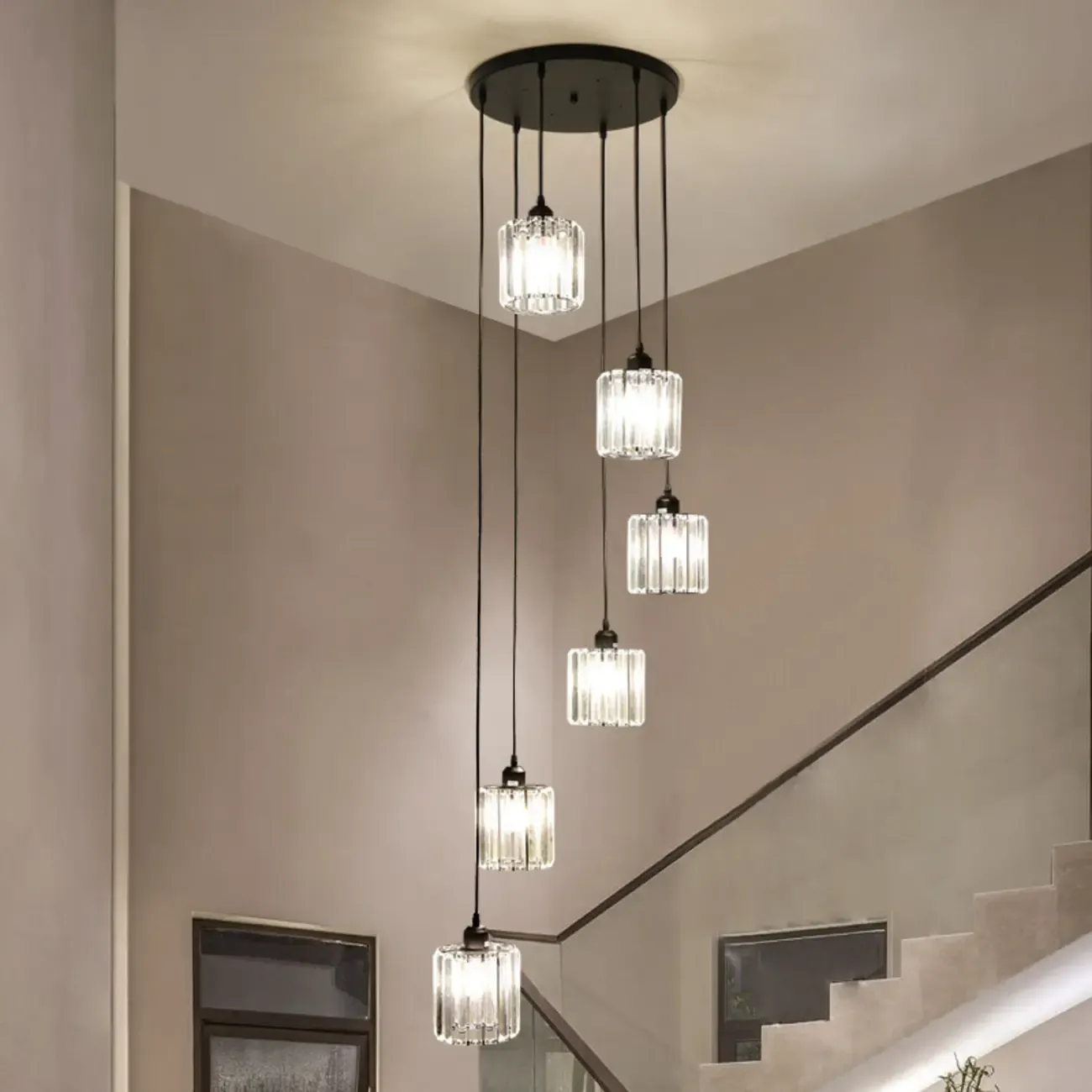 6-Light Spiral Clear Crystal Black Metal Stairwell Pendant Light Image - 3