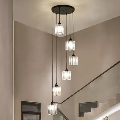 6-Light Spiral Clear Crystal Black Metal Stairwell Pendant Light Image - 3