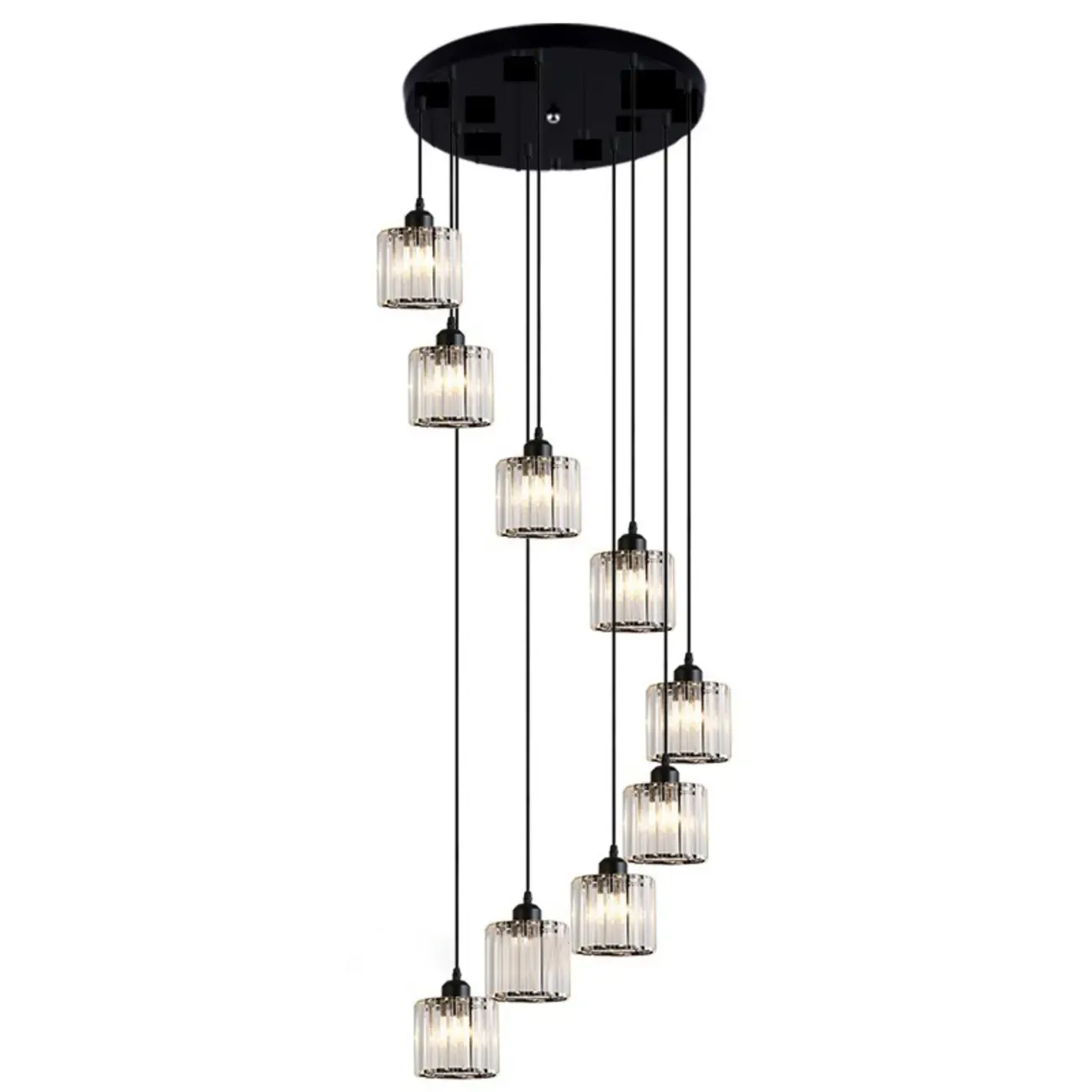 6-Light Spiral Clear Crystal Black Metal Stairwell Pendant Light Image - 5