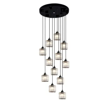 6-Light Spiral Clear Crystal Black Metal Stairwell Pendant Light Image - 6