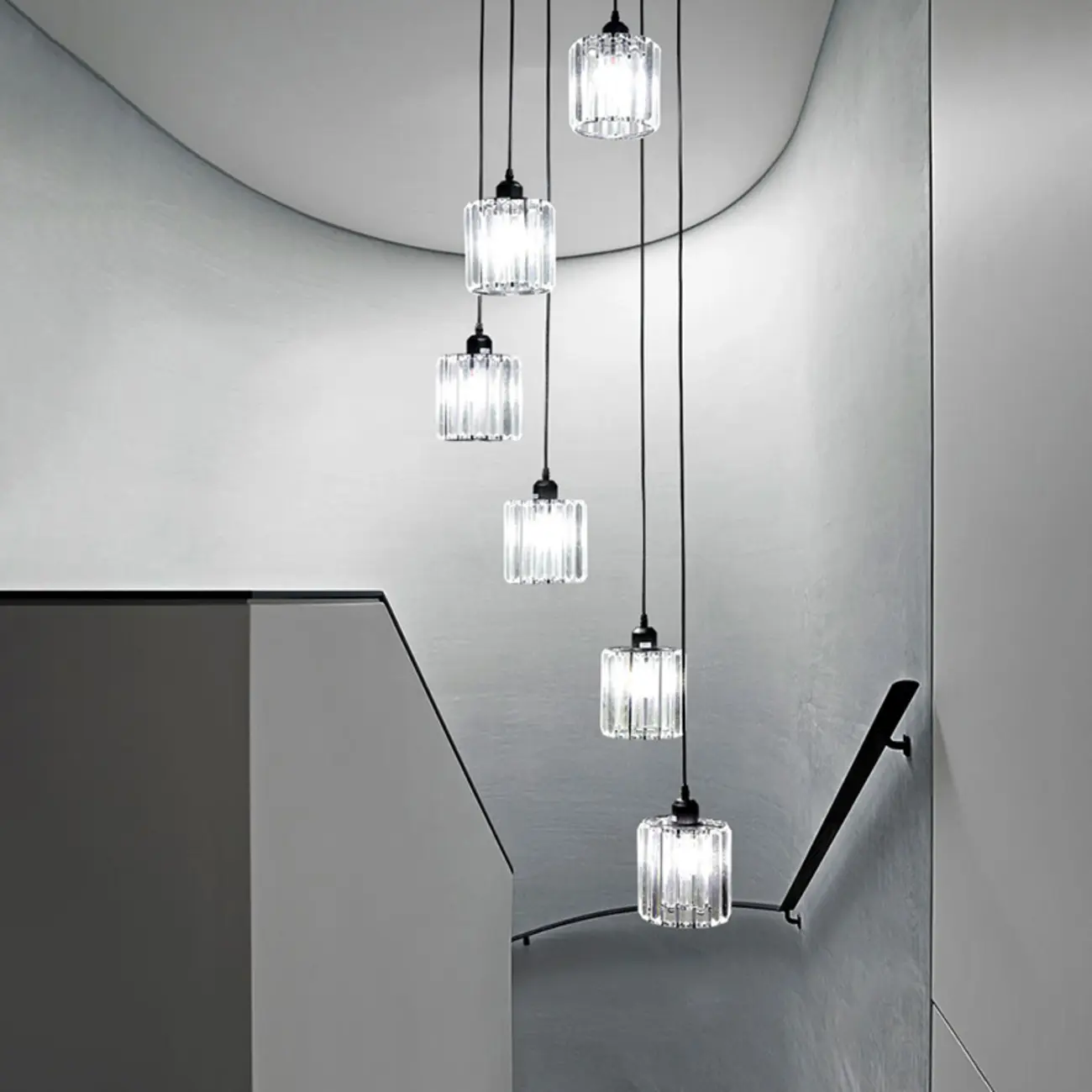 6-Light Spiral Clear Crystal Black Metal Stairwell Pendant Light Image - 2 | homeyfad