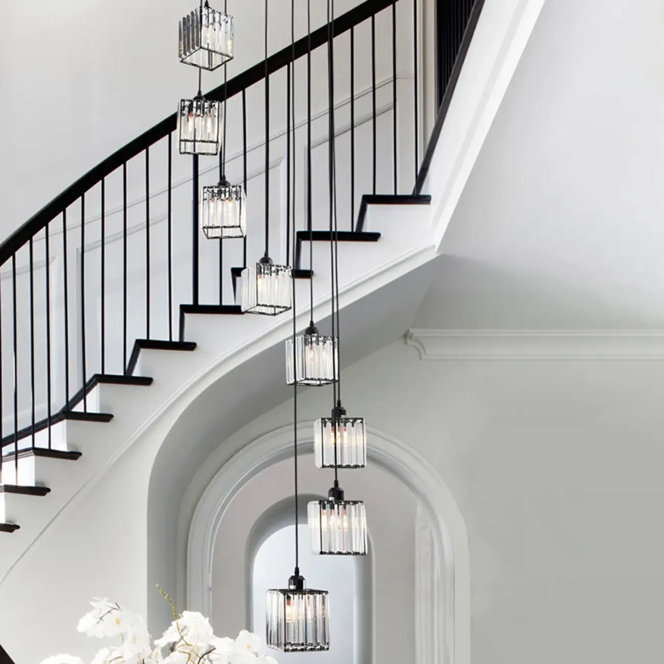 6-Light Spiral Clear Crystal Black Metal Stairwell Pendant Light Image - 4