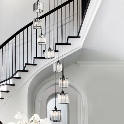 6-Light Spiral Clear Crystal Black Metal Stairwell Pendant Light Image - 4