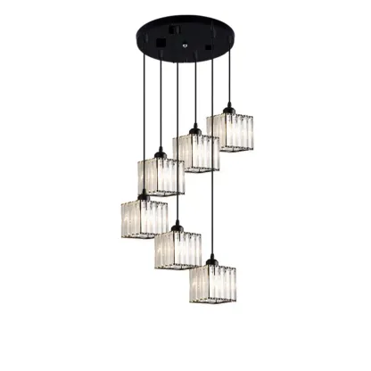6-Light Spiral Clear Crystal Black Metal Stairwell Pendant Light Image - 7