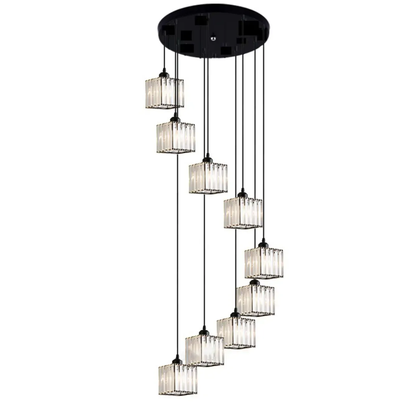 6-Light Spiral Clear Crystal Black Metal Stairwell Pendant Light Image - 8