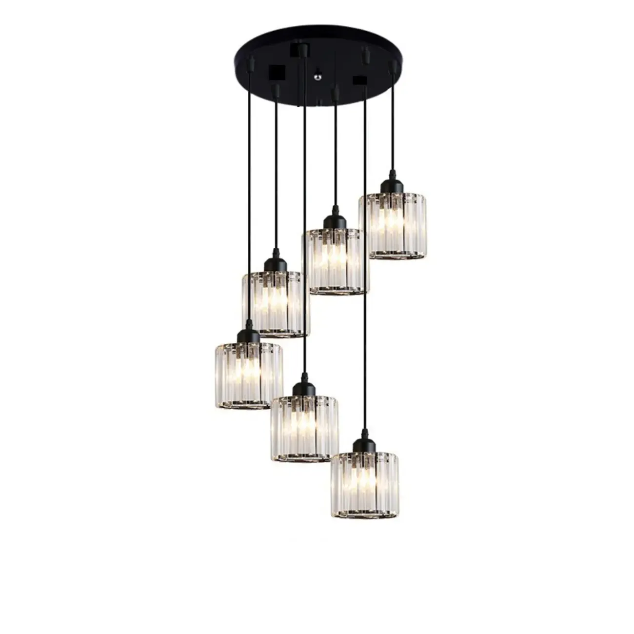 6-Light Spiral Clear Crystal Black Metal Stairwell Pendant Light Image - 9