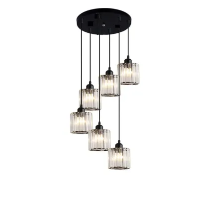 6-Light Spiral Clear Crystal Black Metal Stairwell Pendant Light Image - 9