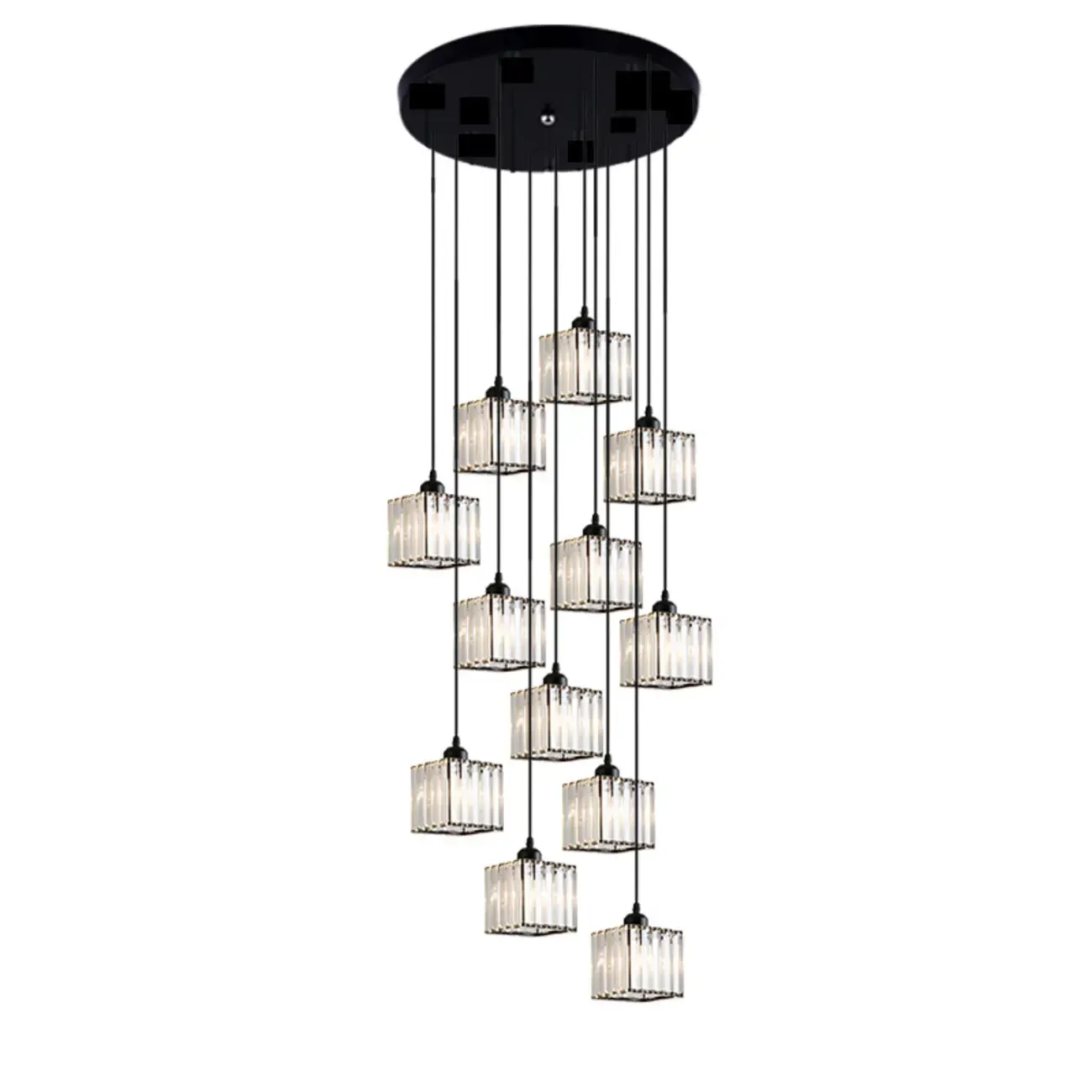 6-Light Spiral Clear Crystal Black Metal Stairwell Pendant Light Image - 10
