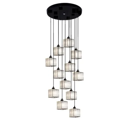 6-Light Spiral Clear Crystal Black Metal Stairwell Pendant Light Image - 10