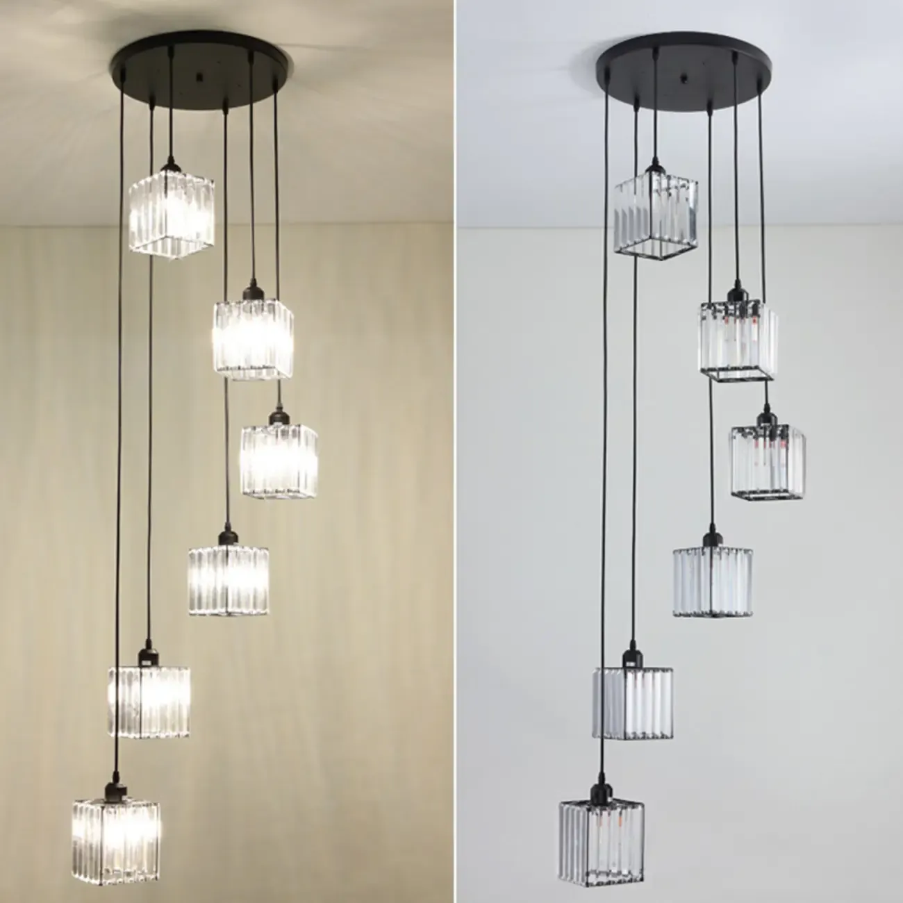 6-Light Spiral Clear Crystal Black Metal Stairwell Pendant Light Image - 12