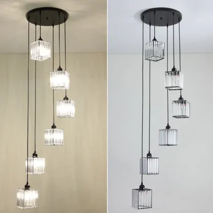 6-Light Spiral Clear Crystal Black Metal Stairwell Pendant Light Image - 12
