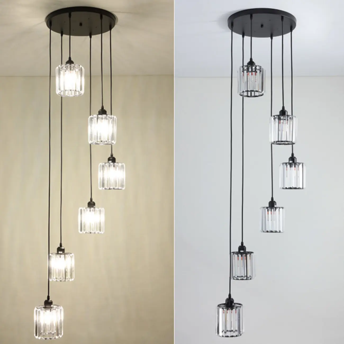 6-Light Spiral Clear Crystal Black Metal Stairwell Pendant Light Image - 14 | homeyfad