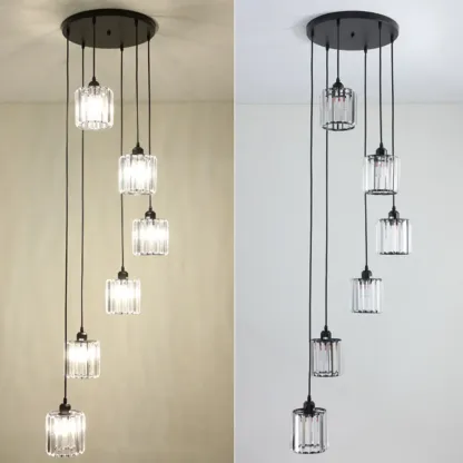 6-Light Spiral Clear Crystal Black Metal Stairwell Pendant Light Image - 14