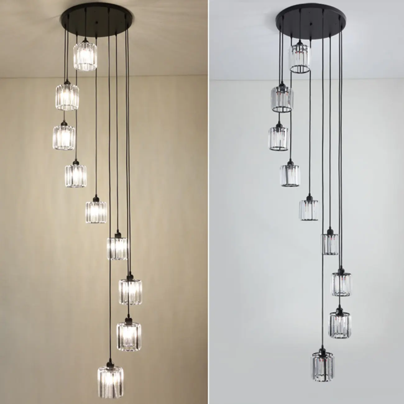 6-Light Spiral Clear Crystal Black Metal Stairwell Pendant Light Image - 17 | homeyfad