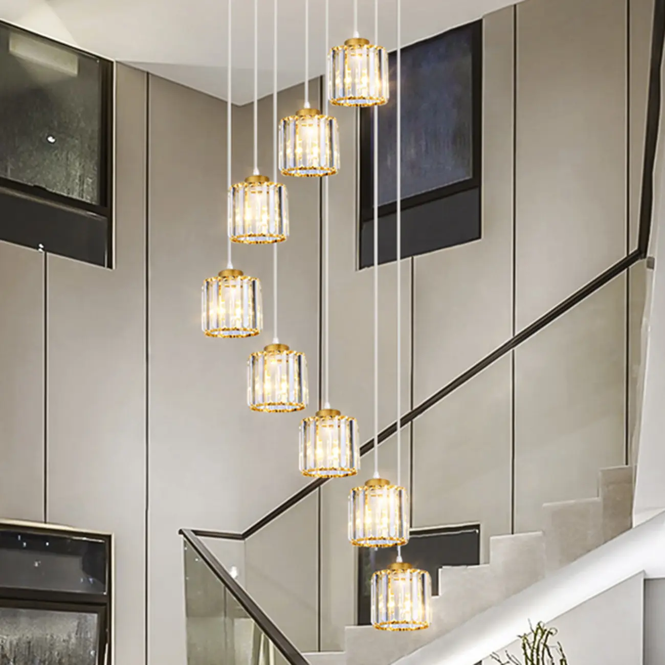 6-Light Spiral Clear Crystal Black Metal Stairwell Pendant Light Image - 25 | homeyfad