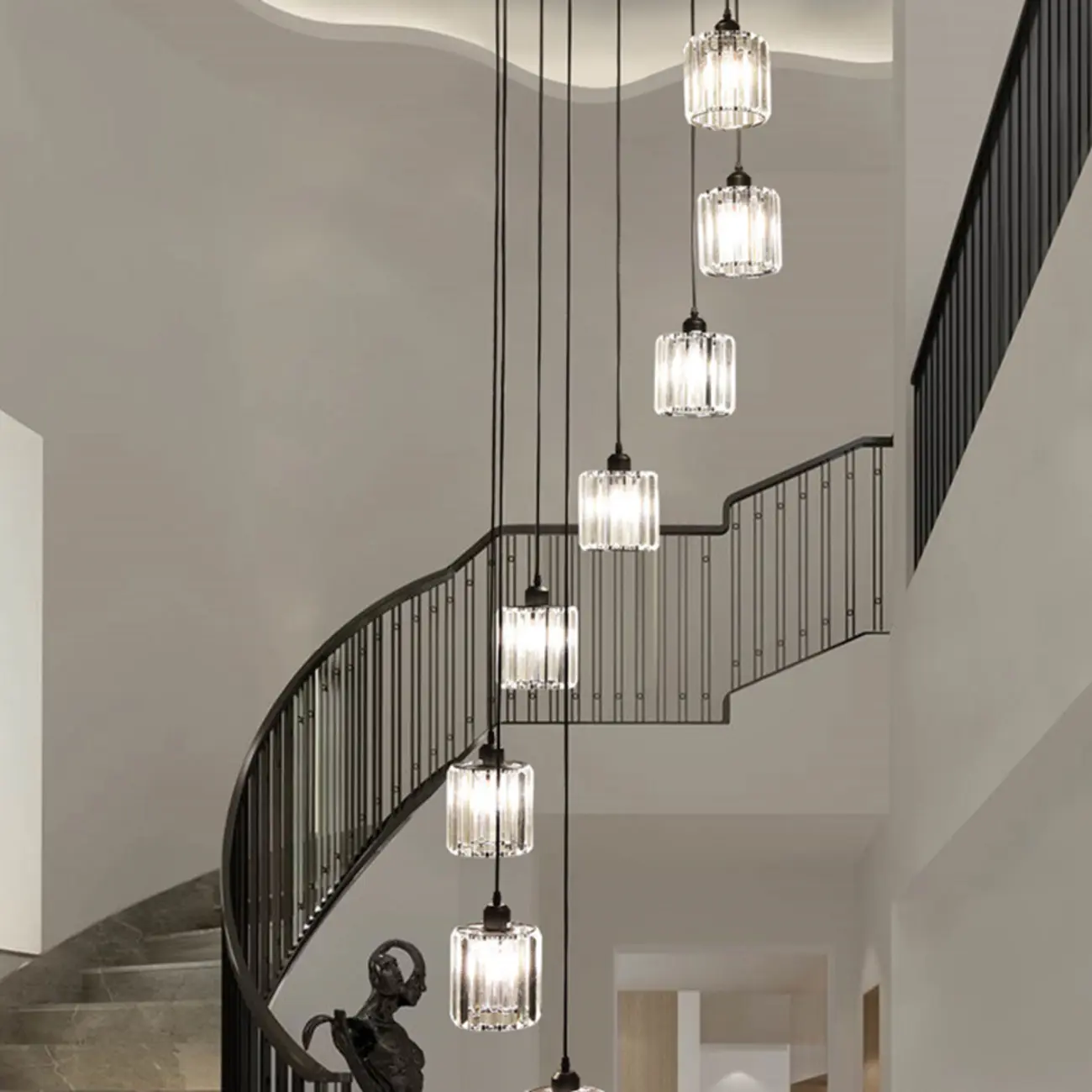 6-Light Spiral Clear Crystal Black Metal Stairwell Pendant Light Image - 26 | homeyfad