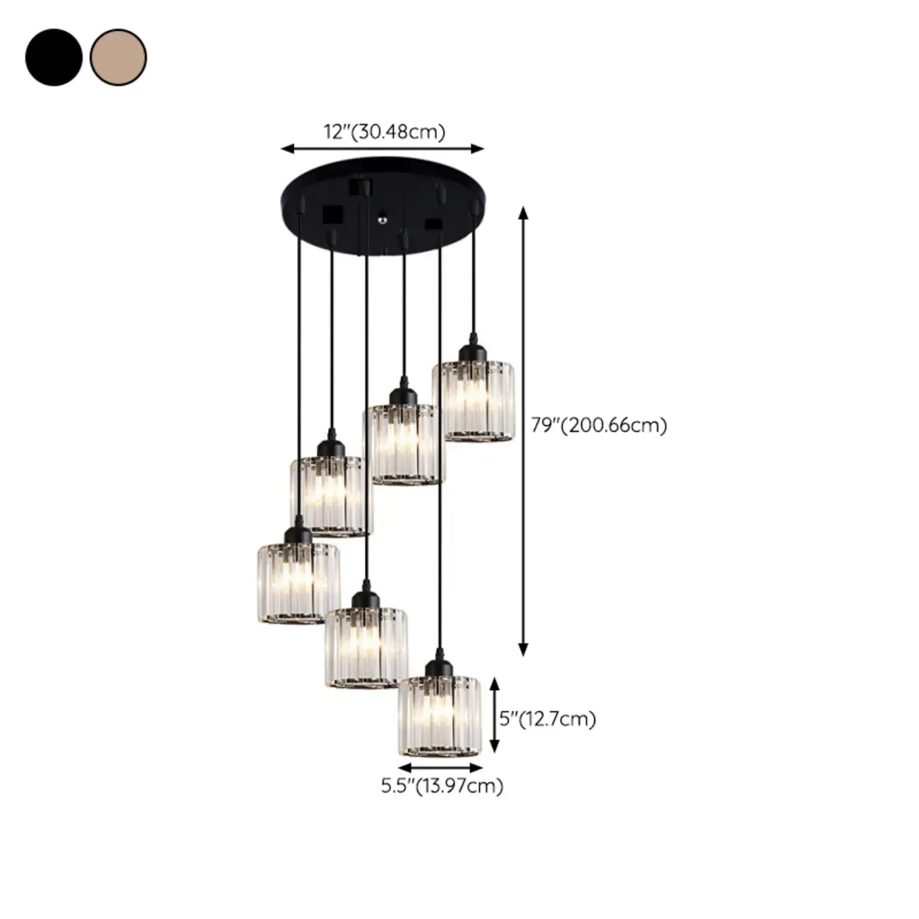 6-Light Spiral Clear Crystal Black Metal Stairwell Pendant Light #size