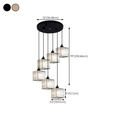 6-Light Spiral Clear Crystal Black Metal Stairwell Pendant Light Image - 28