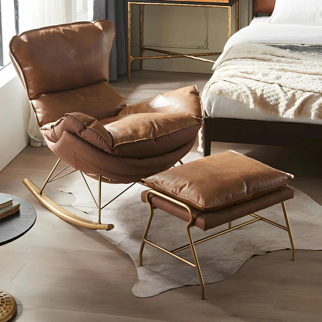 Brown Modern Upholstered Rocking Chair with Ottoman for Indoor Image - 1 | homeyfad