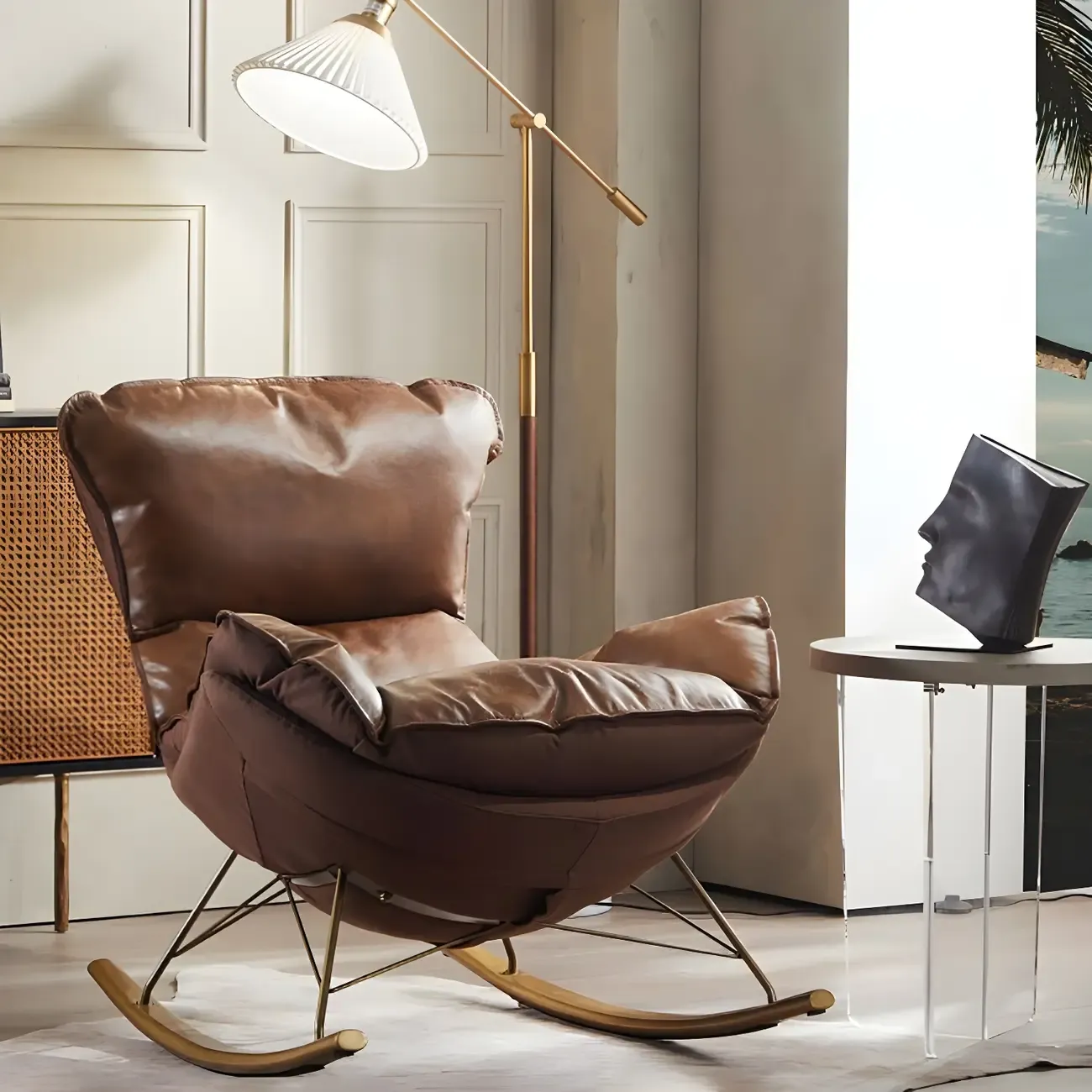 Brown Modern Upholstered Rocking Chair with Ottoman for Indoor Image - 2