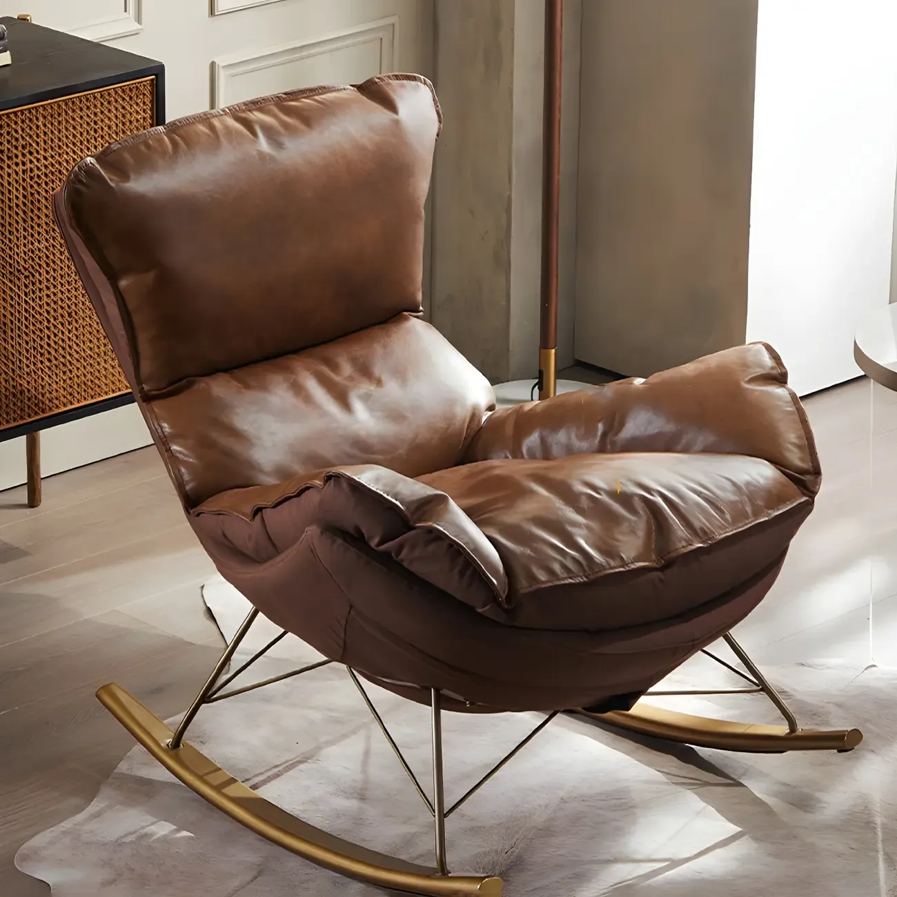 Brown Modern Upholstered Rocking Chair with Ottoman for Indoor Image - 5
