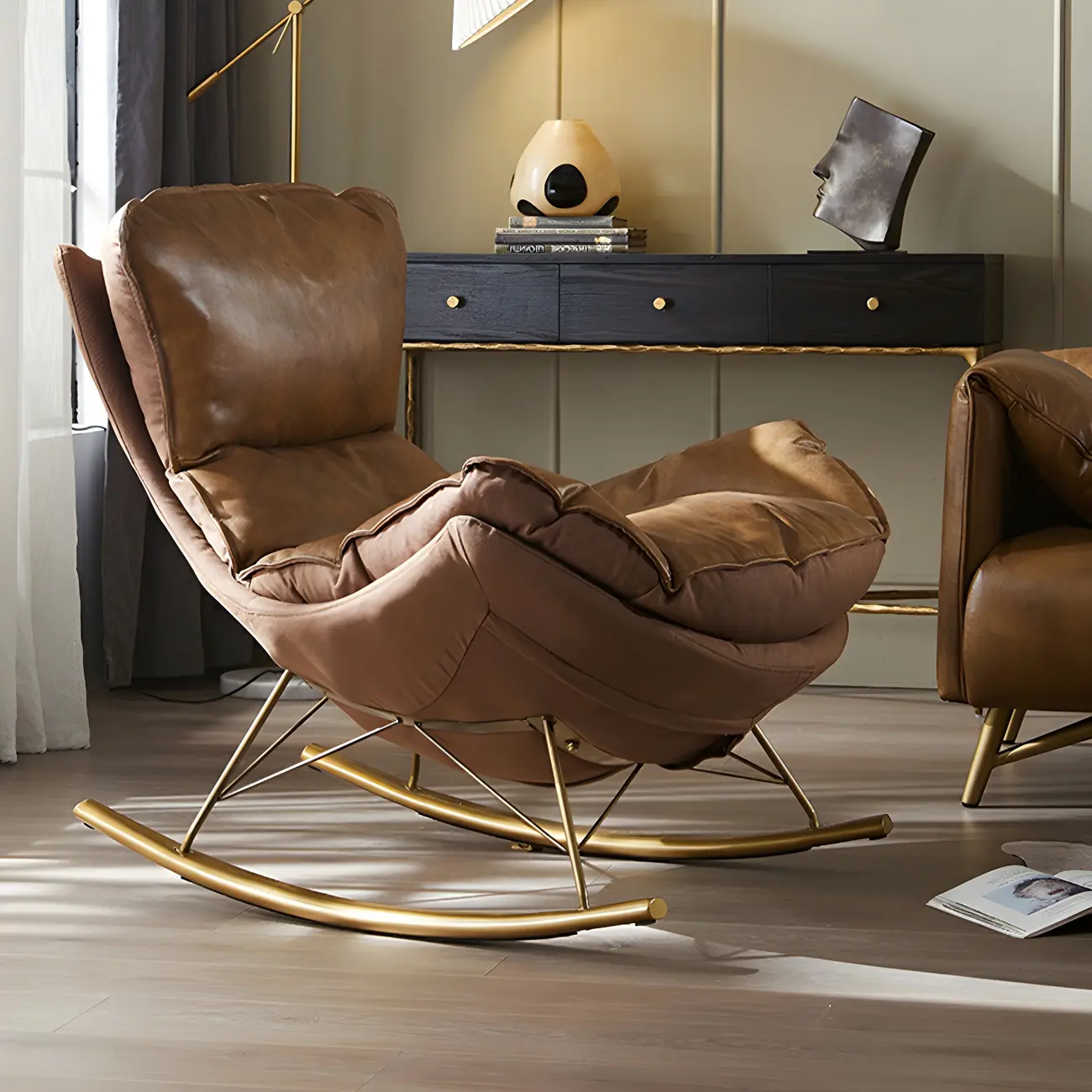 Brown Modern Upholstered Rocking Chair with Ottoman for Indoor Image - 9 | homeyfad