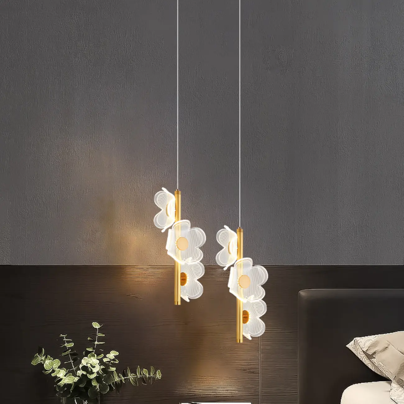 Designer Acrylic floral pendant light with golden tube for decor Image - 4 | homeyfad