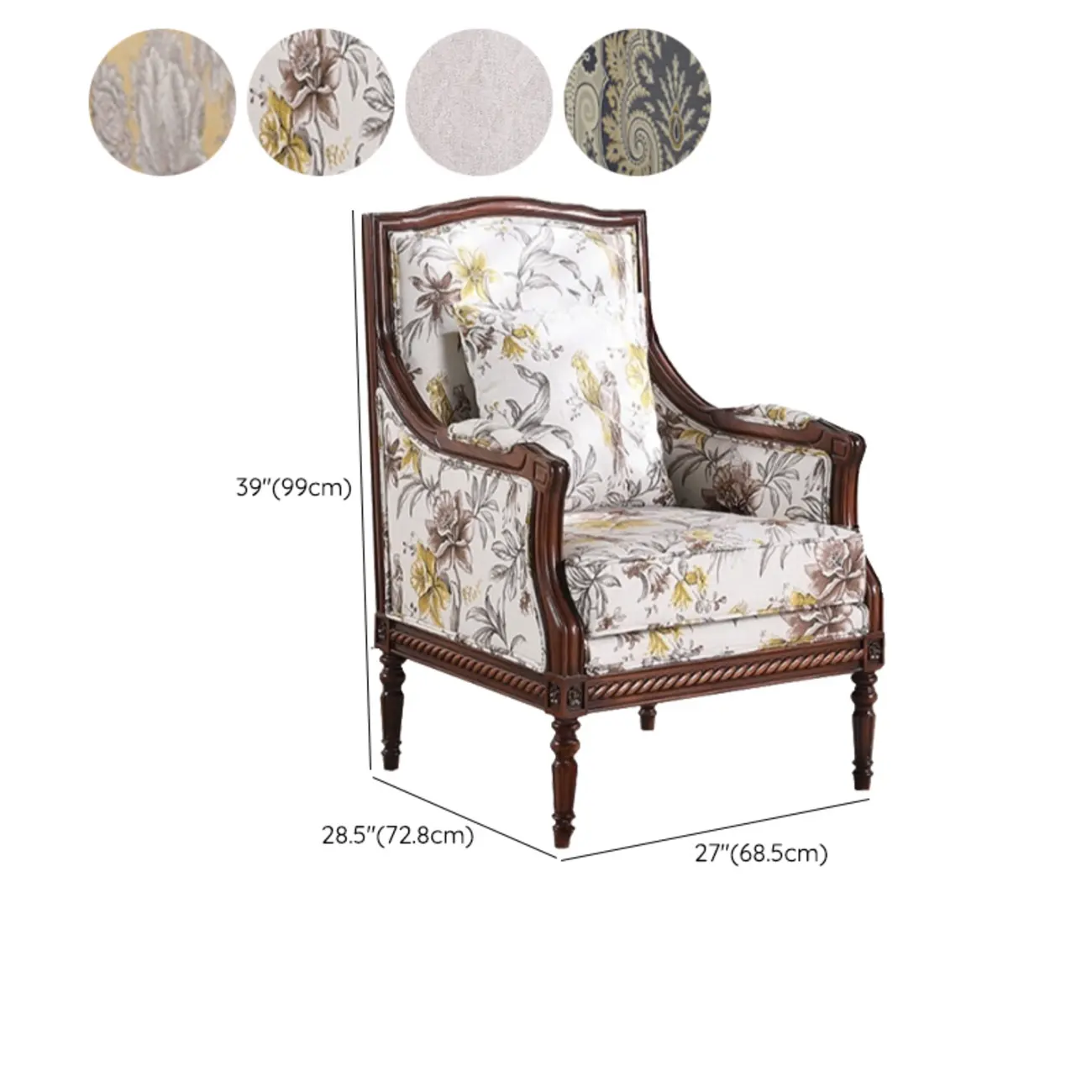 Vintage Fabric Armchair with Floral Pattern and Pillow #size