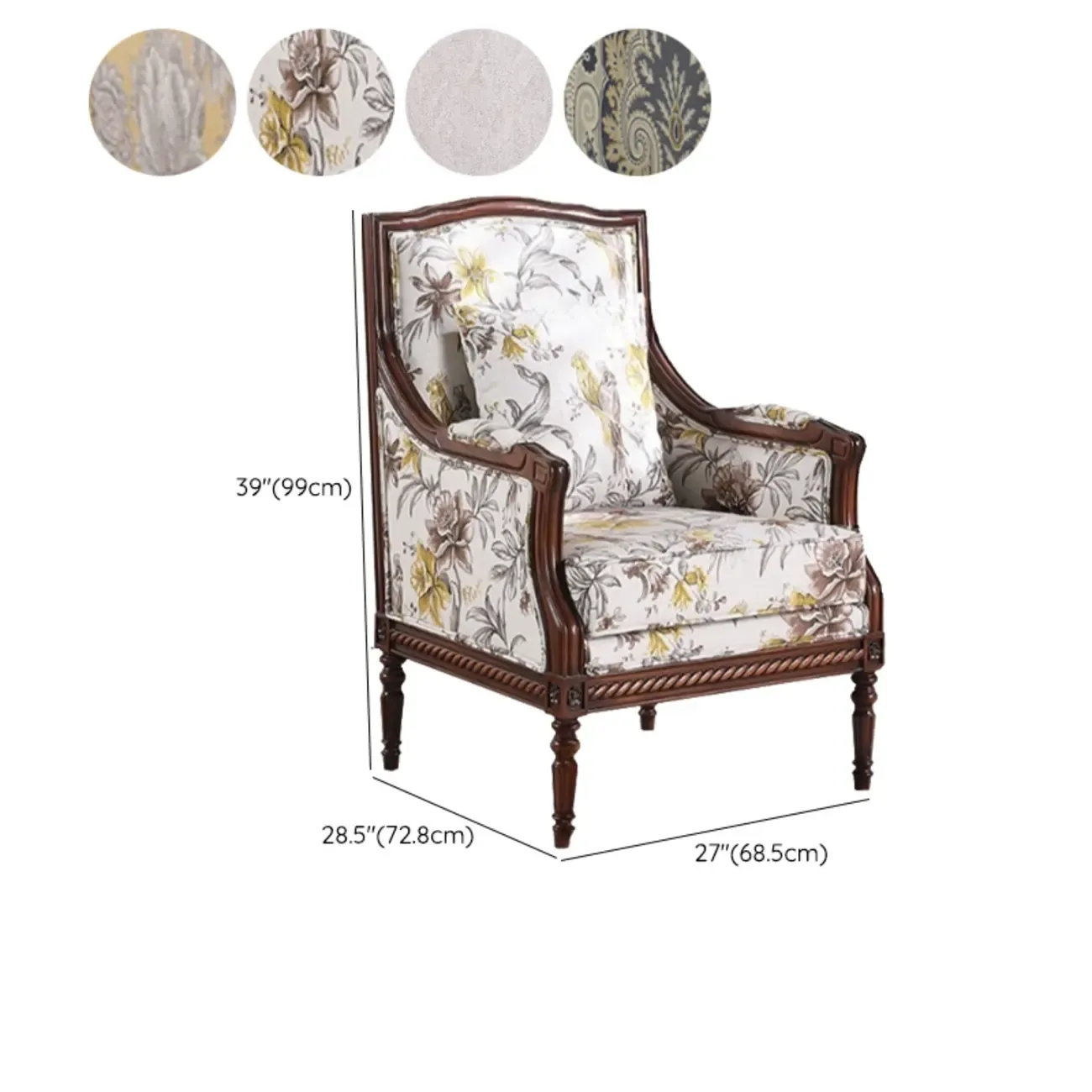Vintage Fabric Armchair with Floral Pattern and Pillow #size