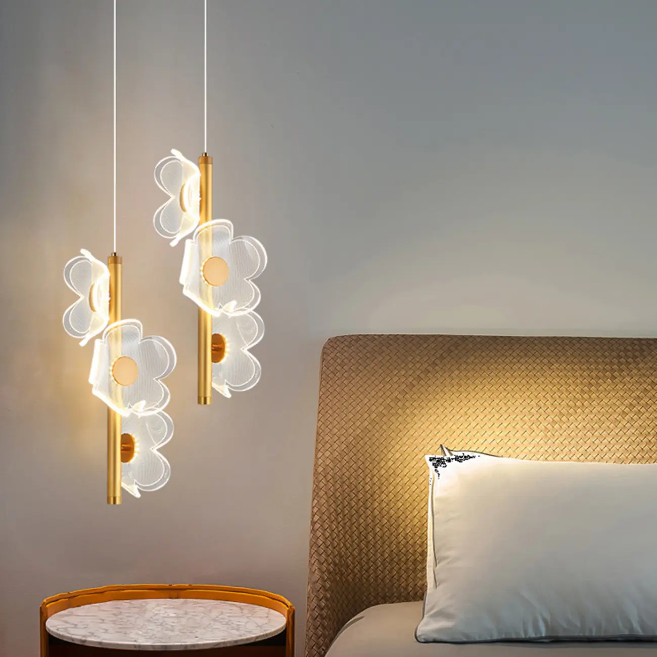 Designer Acrylic floral pendant light with golden tube for decor Image - 7 | homeyfad
