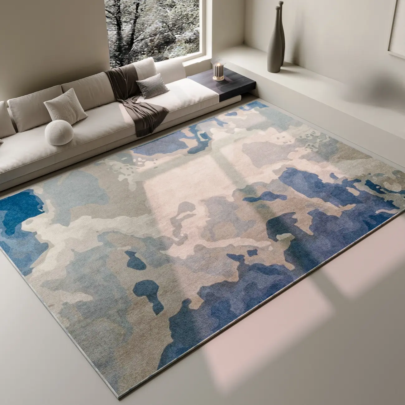 Modern Faux Cashmere Abstract Bule Rectangle Area Rug Image - 1 | homeyfad