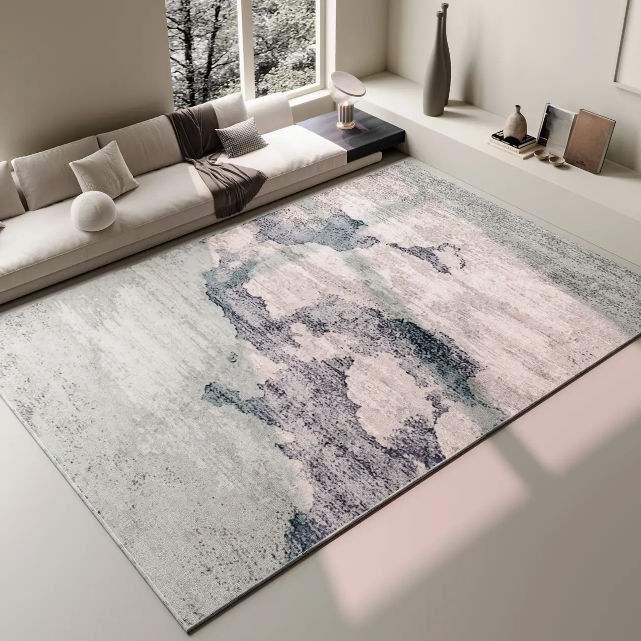 Modern Faux Cashmere Abstract Bule Rectangle Area Rug Image - 2 | homeyfad