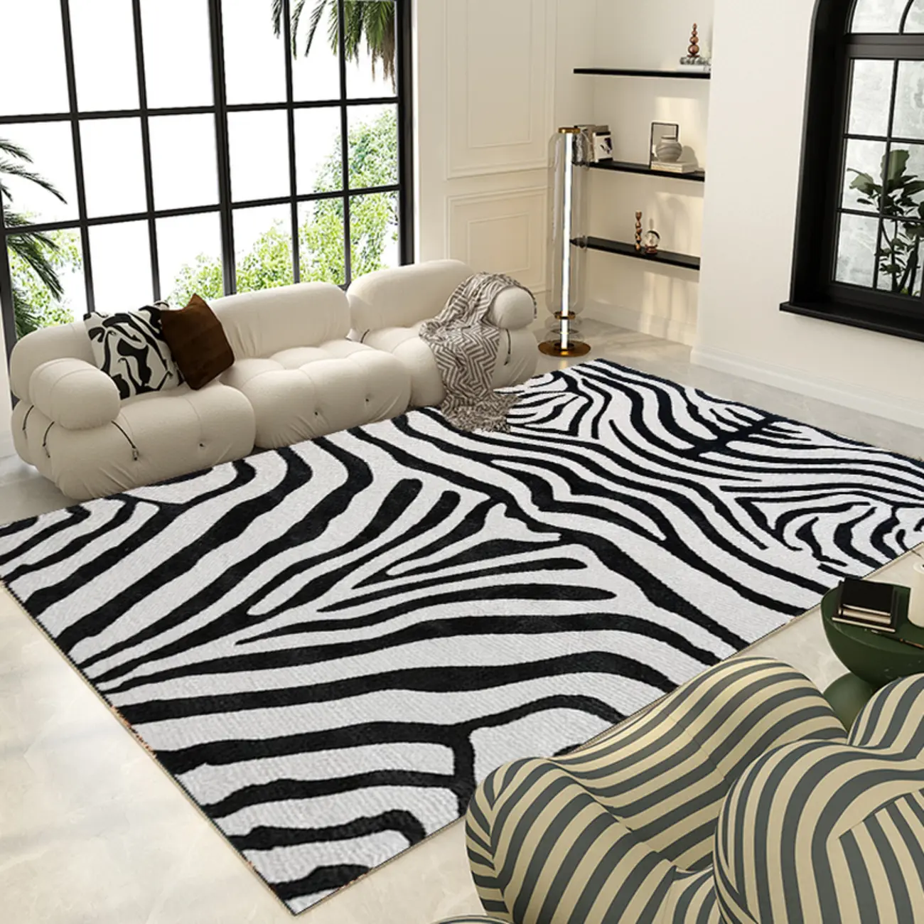 Modern Loop Velvet Black and White Striped Rectangular Area Rug Image - 1 | homeyfad
