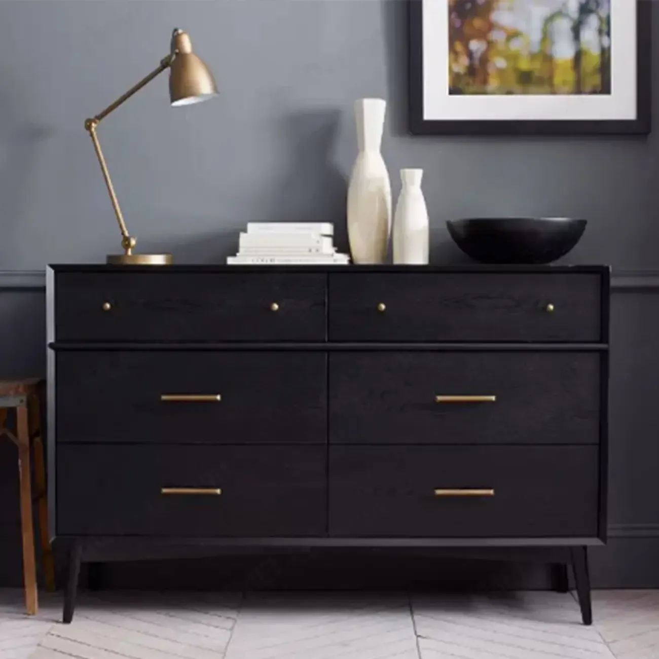 Modern Black Wood Dresser with 6 Drawers for Bedroom Image - 5