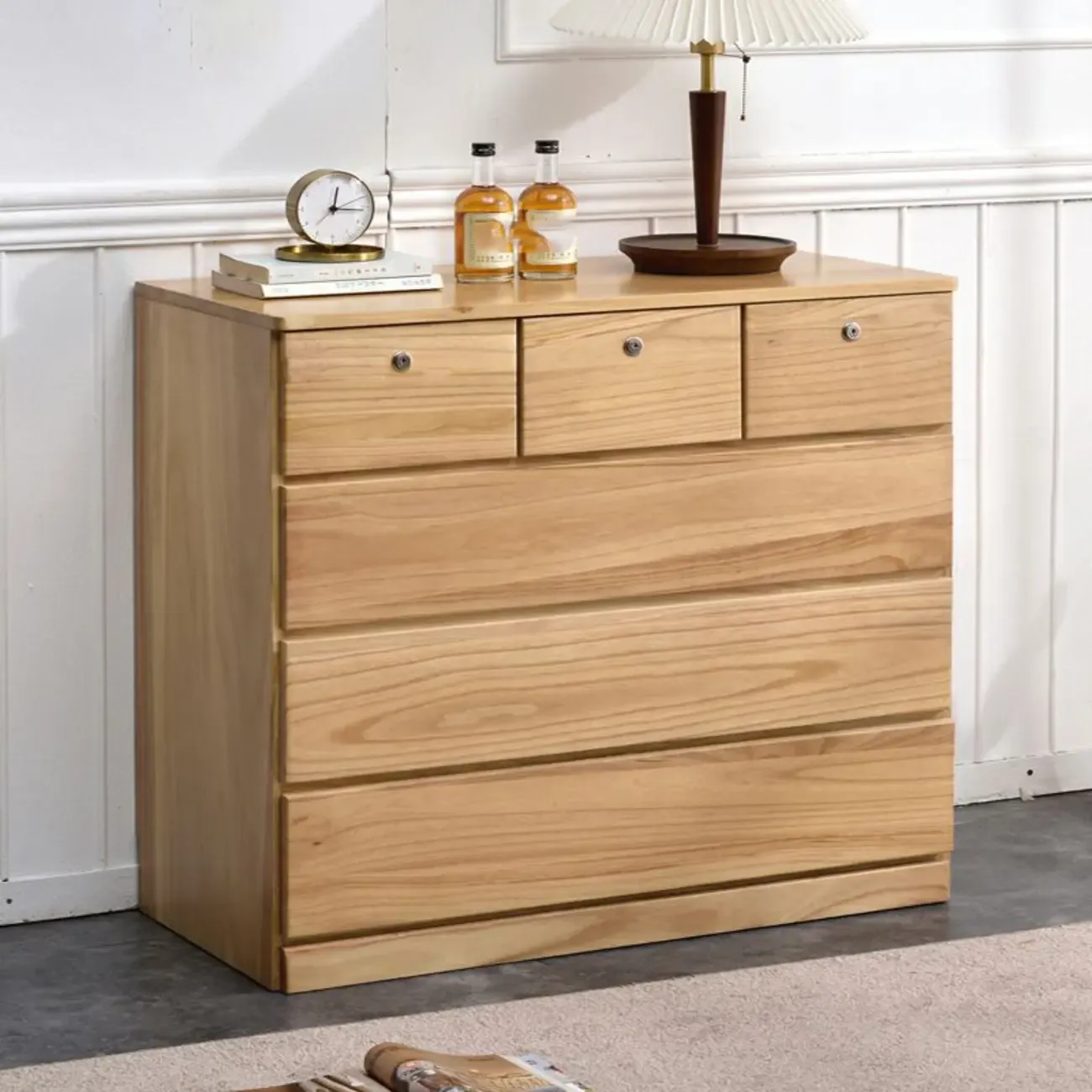 Modern Natural Wood Double Dresser with 5-Drawers Image - 2