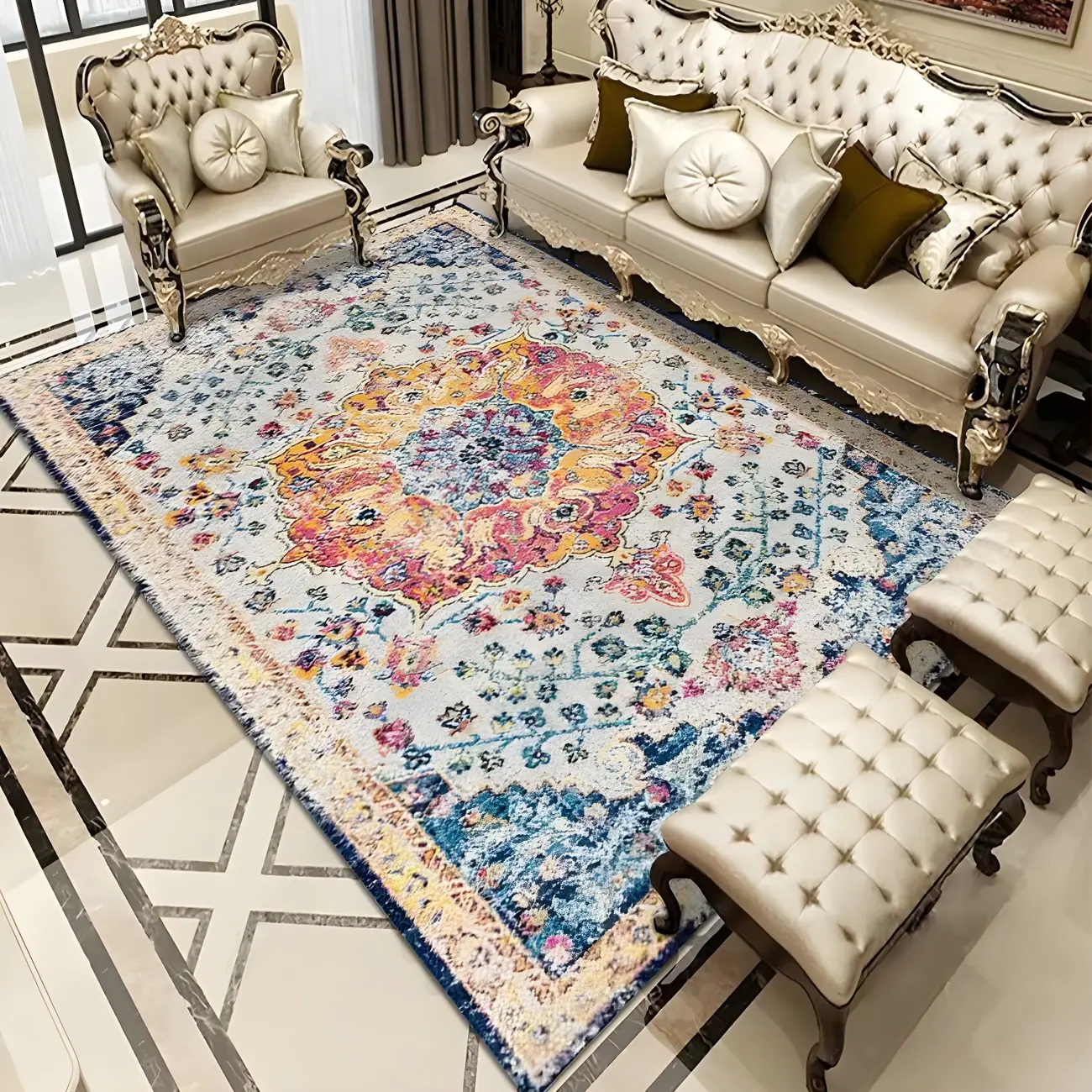 Shabby Chic Polyester Victoria Floral Rectangle Area Rug Image - 2 | homeyfad