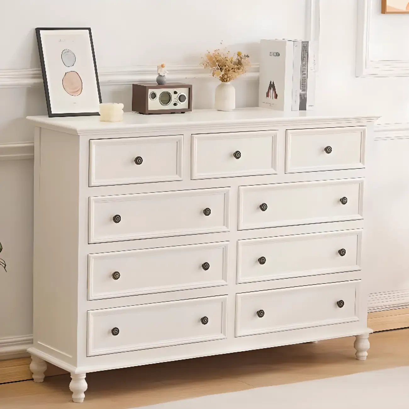 Traditional White Wood Chest with 9-Drawers for Bedroom Image - 5