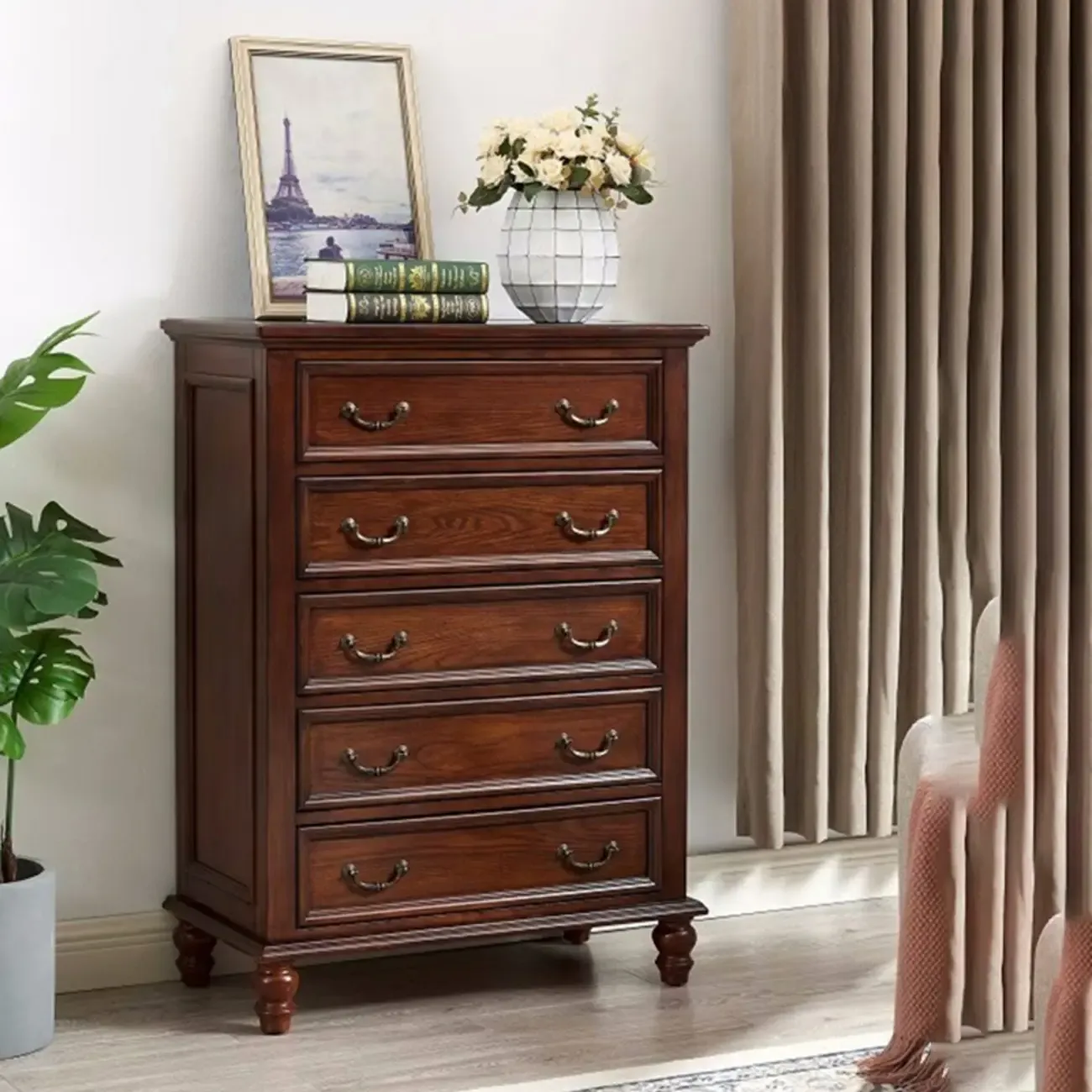 Traditional Brown Wood Dresser with 5-Drawers for Bedroom Image - 2