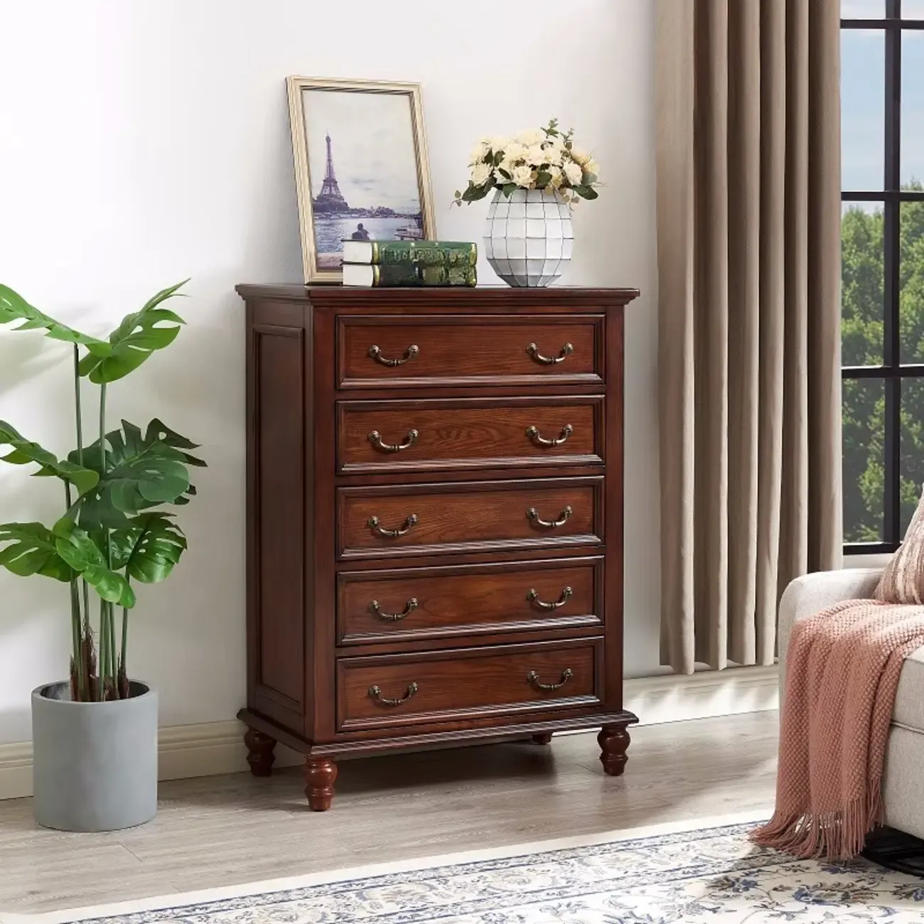 Traditional Brown Wood Dresser with 5-Drawers for Bedroom Image - 3