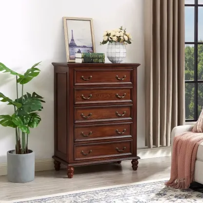Traditional Brown Wood Dresser with 5-Drawers for Bedroom Image - 3