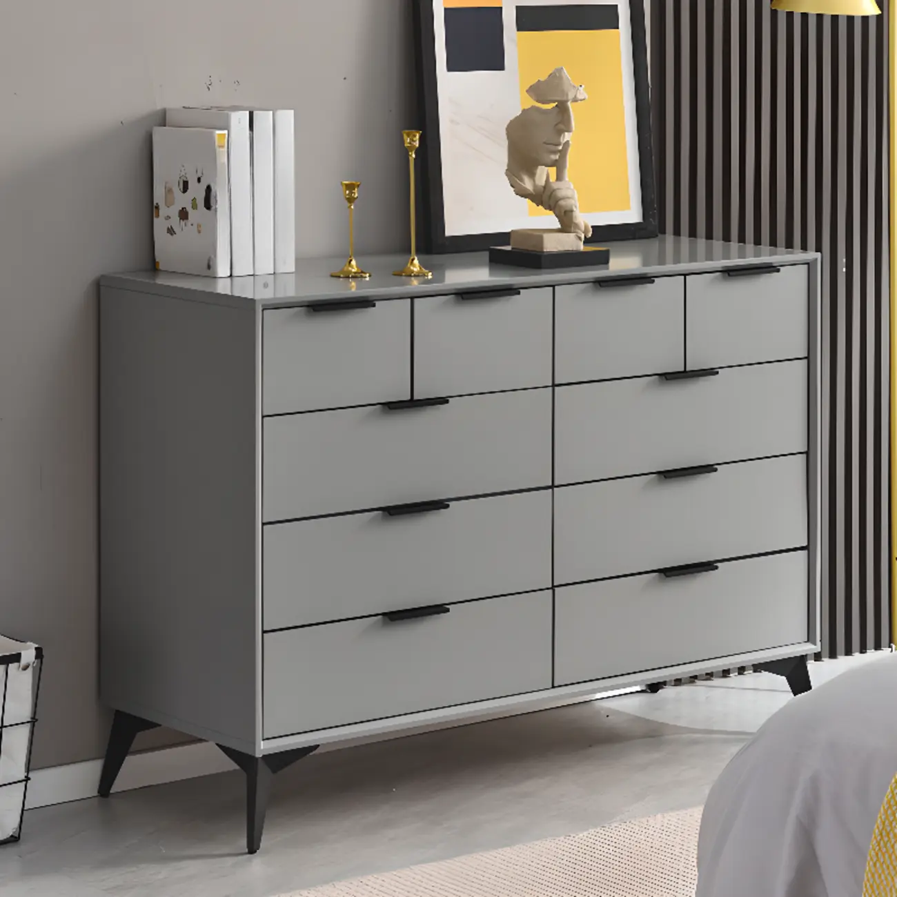 Industrial Grey Wooden Dresser with Double Storage for Bedroom Image - 8 | homeyfad